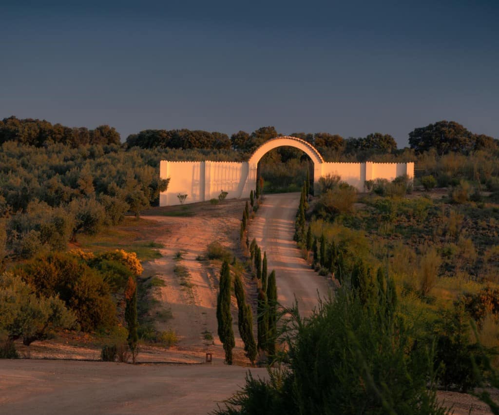 Entrada de Finca Los Collados de San Miguel al atardecer, en Campos de Montiel